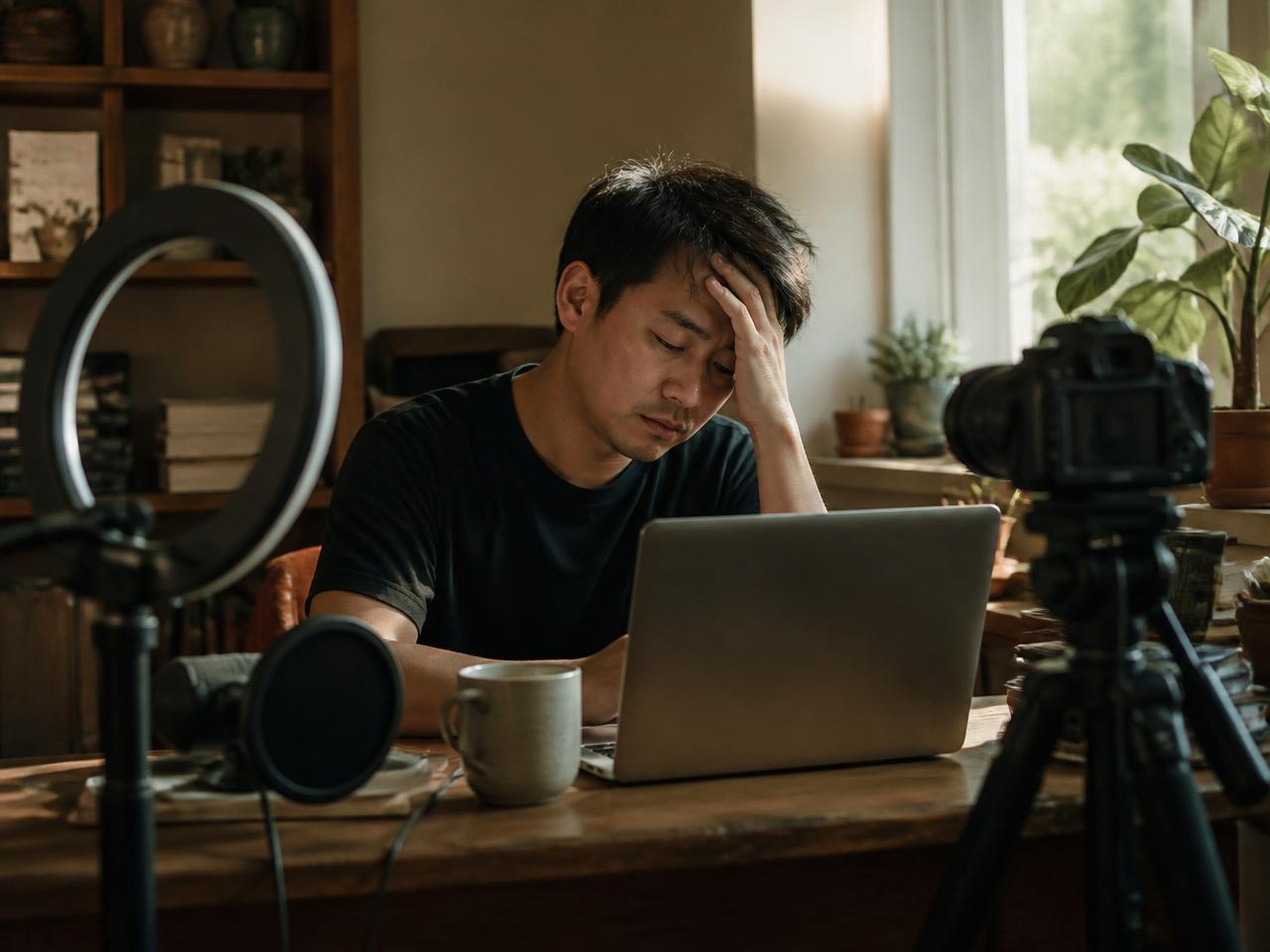 Người làm sản phẩm số kiệt sức bên laptop, giữa ring light, máy quay và micro — Hàng trăm giờ cặm cụi, 0 đơn hàng