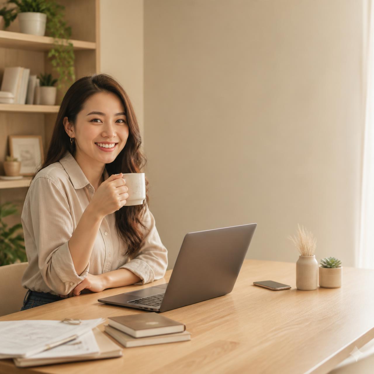 Người làm sản phẩm số vui vẻ, tự tin bên laptop — hệ thống đã chạy, đơn hàng liên tục về